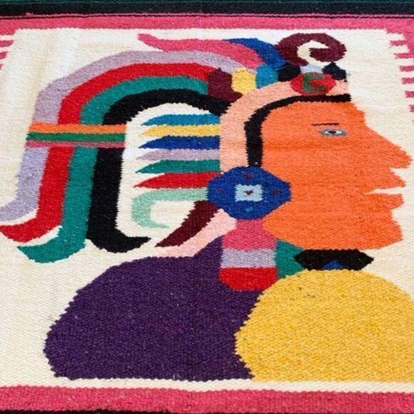 Vintage Baja Wool Mayan Aztec Blanket - Picture 2 of 7